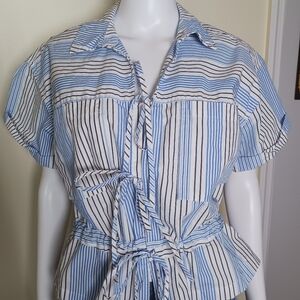 Button-Front Striped Tie-Waist Shirt - Blue/White